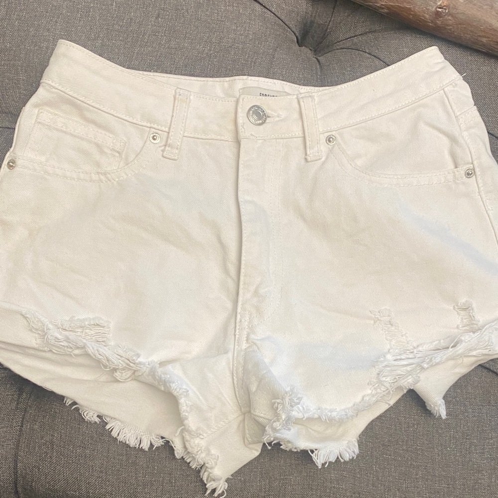 Forever 21 Cream Distressed Jean Shorts
